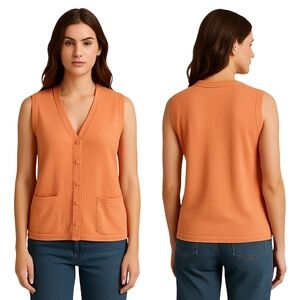 INDIZI Vest Womens Medium Orange Cotton Blend Button Front Preppy Retro Grandma